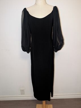 Elegant Black Long-Sleeve Puff-Sleeve Midi Dress